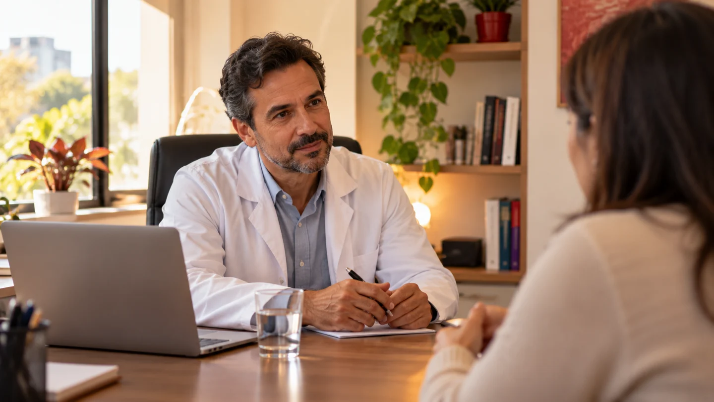 Médico conversando com uma paciente no consultório